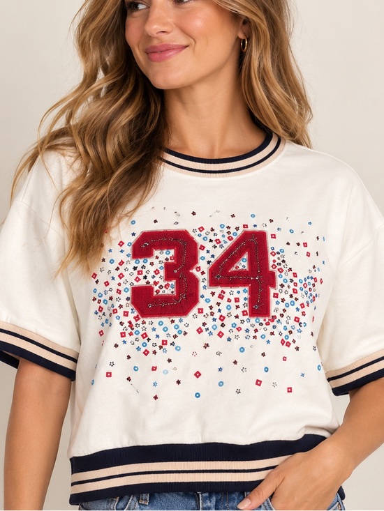 Anthropologie Tops - Anthropologie Cream Short-Sleeve Sweatshirt with Red '34' Graphic Sz S/P NWT